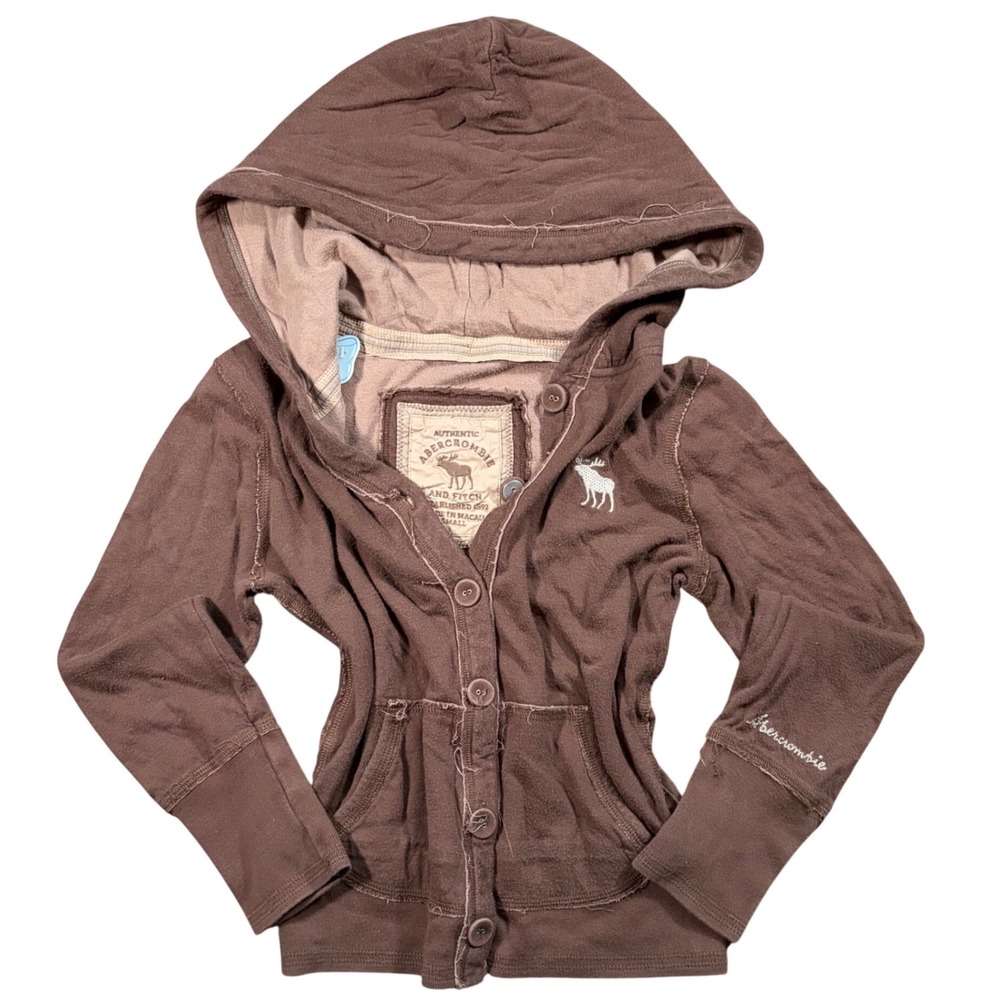 RARE Y2K Abercrombie & Fitch Brown Button Front Hoodie Moose Logo Small